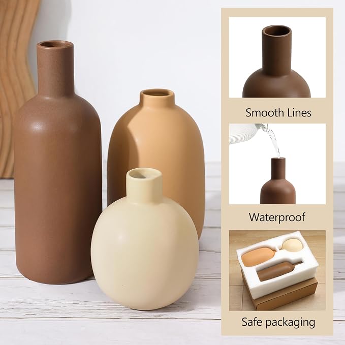 Ceramic Vase Set of 3, Brown Large Rustic Vases for Farmhouse Decor, Pampas Grass & Dried Flowers and Table Living Room Home Decor