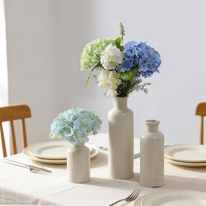 White Ceramic Vase Set of 3, Rustic Vase for Farmhouse Shelves, Ocean Beach Style, Mantle, Fireplace, Coffee Table, Shelf for Living Room