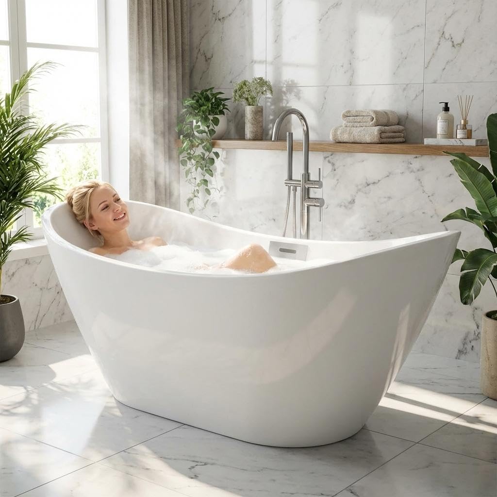 GarveeLife 67 Inch Freestanding Bathtub, Deep Soaking Acrylic Tub for Modern Bathroom, Standalone Soaker with Polished Chrome Overflow and Drain, CUPC Certified, White Glossy Finish
