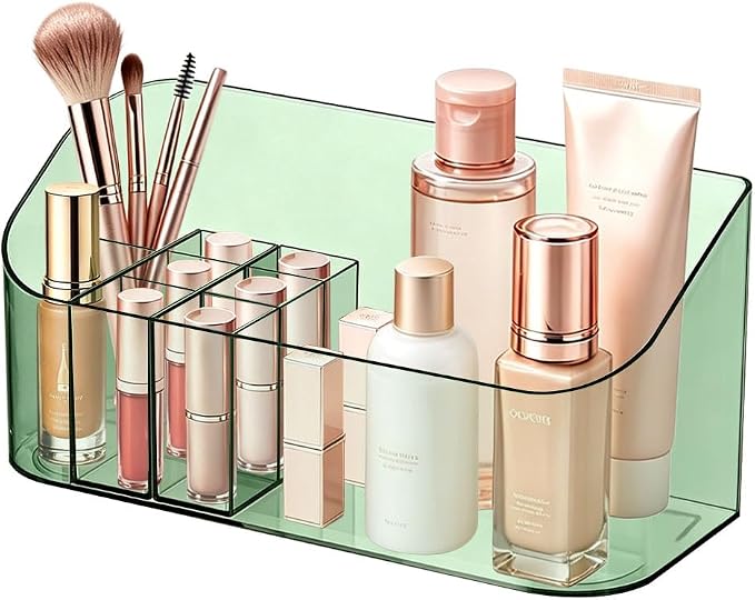 Makeup Tray Holder Organizer Cosmetic Display Case Tabletop Desktop Vanity Countertop Bathroom Wall Cabinet Medicine Storage Box 9 Dividers 2 Removable Women Ladies Girls Gifts Crystal Green 1 PACK