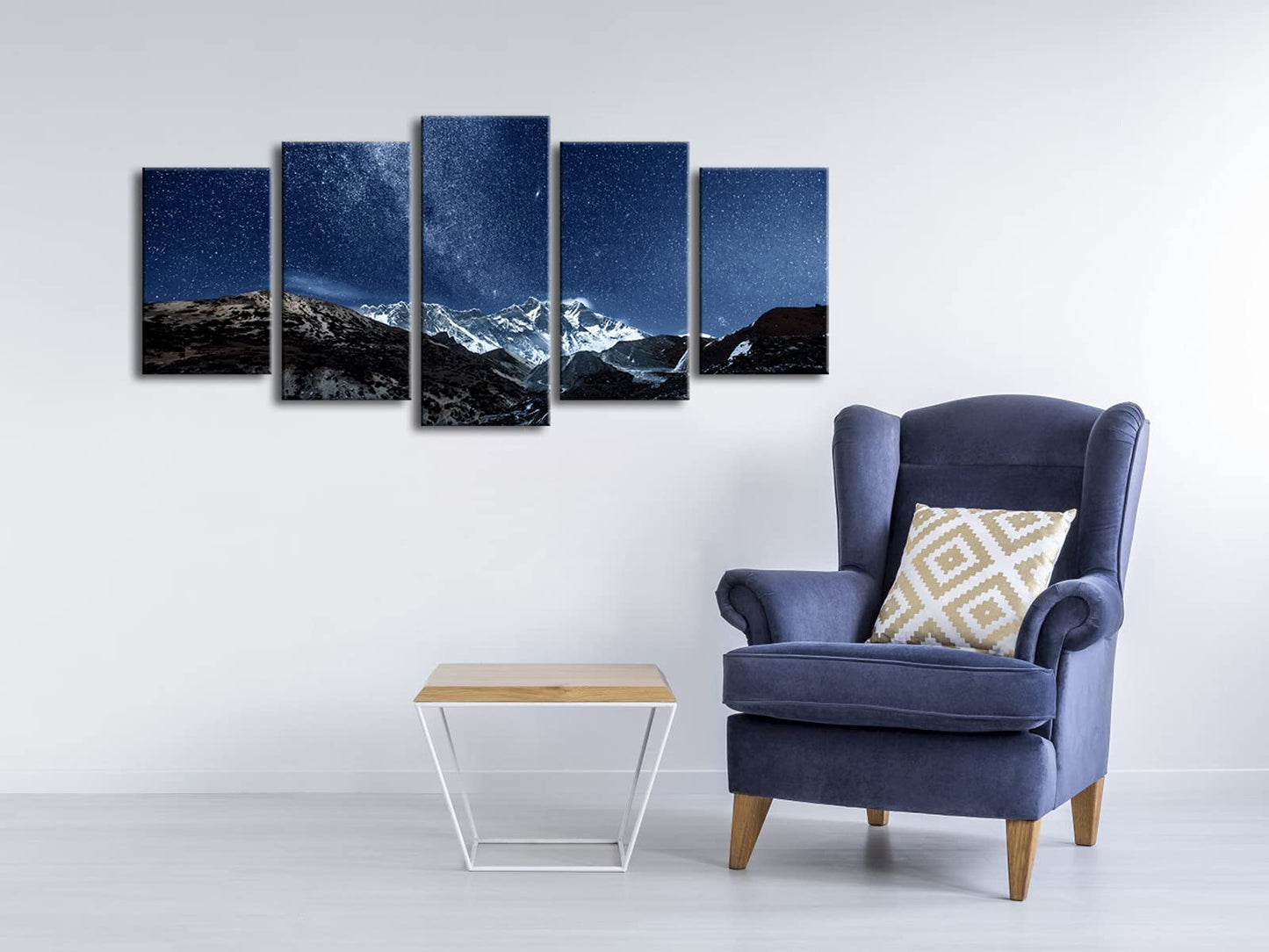 Pyradecor Blue Giclee Canvas Prints Wall Art Starry Night Sky Over Snowy Mountain Pictures Paintings for Living Room Bedroom Home Office Decorations 5 Piece Modern Milky Way Landscape Romance Artwork