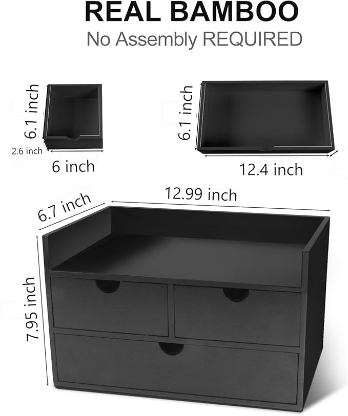 Charmewooden Desk Organizer with Drawers Countertop Drawers Organizer Tabletop Storage Organization Box Home Office Workspace Bathroom Toiletries Supplies (black with shelf)
