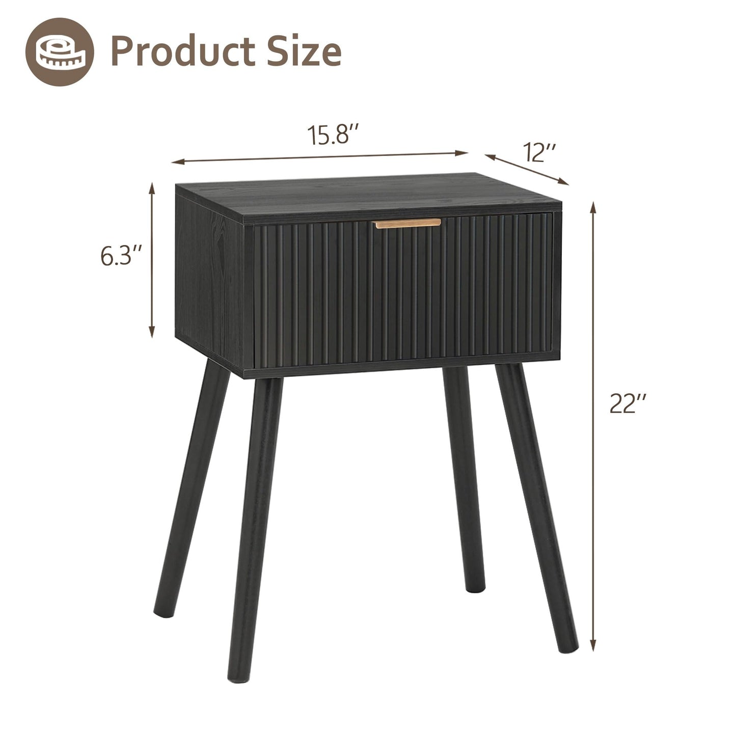 AWASEN Black Nightstand, Small End Tables Living Room, Accent Bedside Table with Fluted Drawer for Bedroom and Small Space, Black