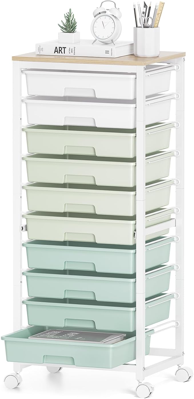 SYKIARIOL Rolling Cart with Drawers,10 Drawer Rolling Cart,Storage Cart,Utility Cart,Teacher Cart for Classroom Storage,Craft Cart with Wheels and Wooden Tabletop,Green