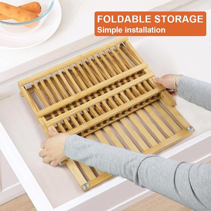 KKTONER Bamboo Dish Drying Rack with Utensil Holder 3 Tier Collapsible Drainer Rack with Dish Drying Mat for Kitchen Counter (Natural)