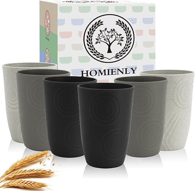 Homienly Drinking Glasses 16oz Wheat Straw Cups-Stackable and Reusable Cups, Alternative to Plastic Cups for Iced Coffee, Smoothies,Iced Tea-Black Grey