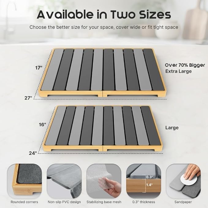 ArtyCozy Large Rollable Stone Drying Mat with Foldable Bamboo Dish Drying Rack for Kitchen Counter, Super Absorbent Diatomaceous Earth and Quick Drying Rack, 24"×16", Dark and Light Grey