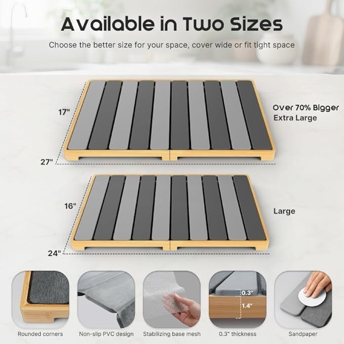 ArtyCozy Extra Large Rollable Stone Drying Mat with Foldable Bamboo Dish Drying Rack for Kitchen Counter, Super Absorbent Diatomaceous Earth and Quick Drying Rack, 27"×17", Dark and Light Grey