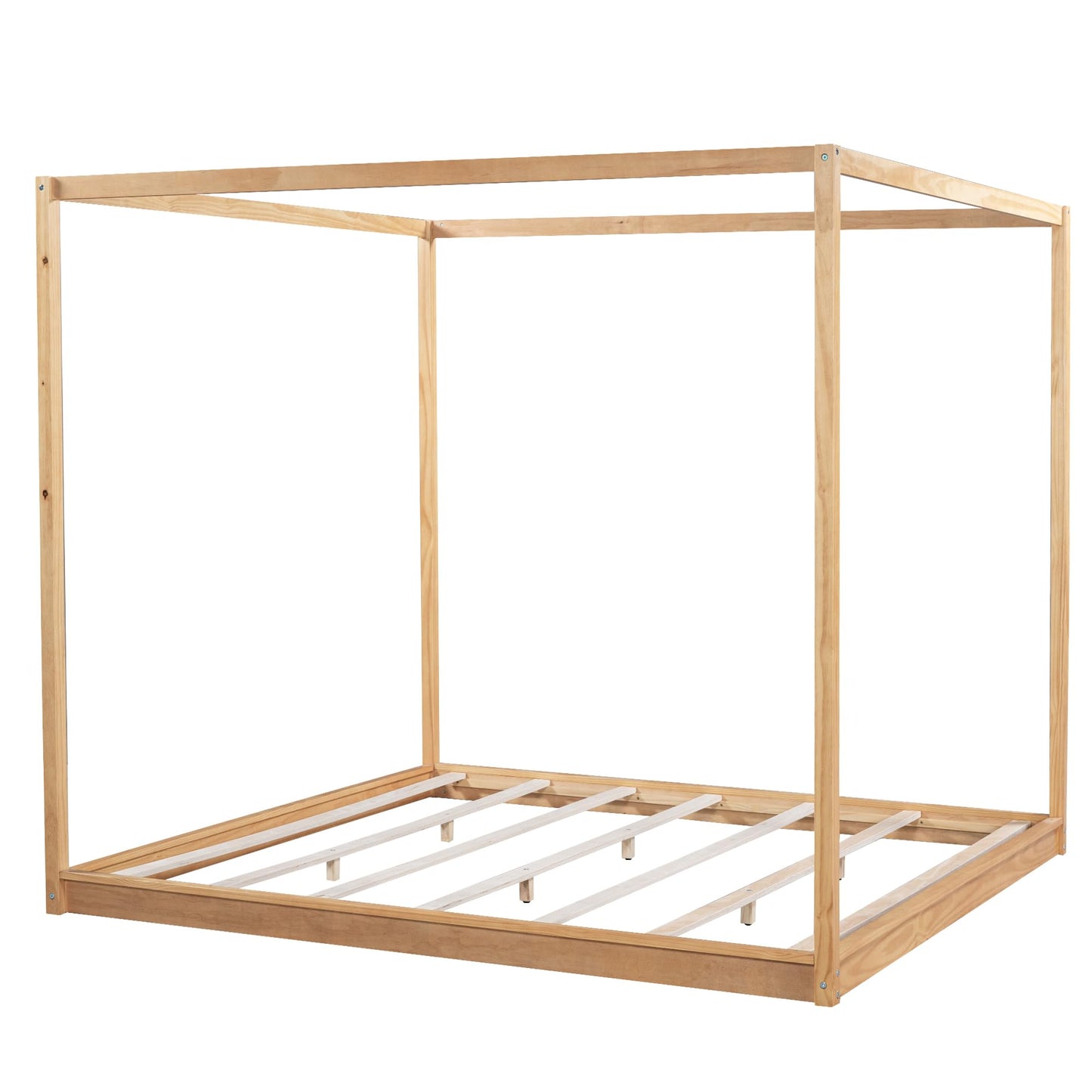 Merax Modern King Size Wood Canopy Bed Floor Platform Bed Frame/No Box Spring Needed/Easy Assembly, Nutural
