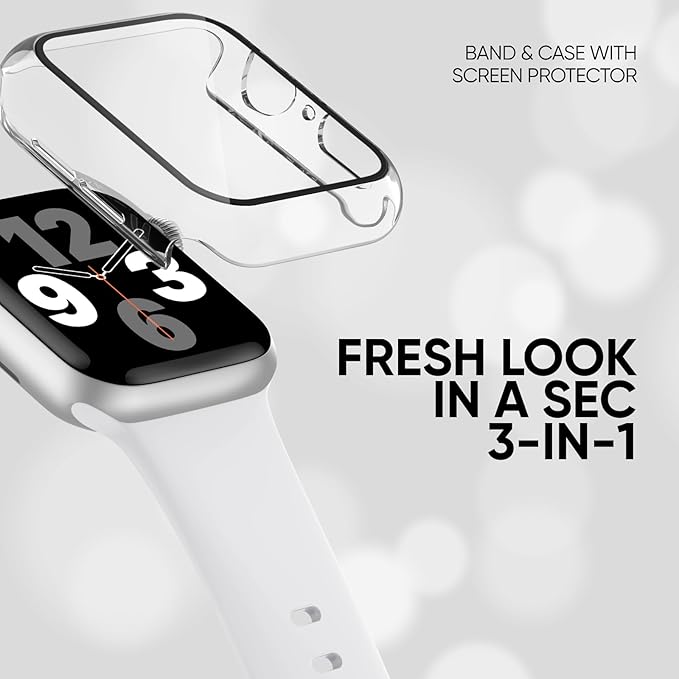 Compatible for Apple Watch Band 44mm 45mm and Case with Screen Protector, Soft Silicone Sport Strap Bands and Protective Cover with Tempered Glass for iWatch Series 9 8 7 SE 6 5 4