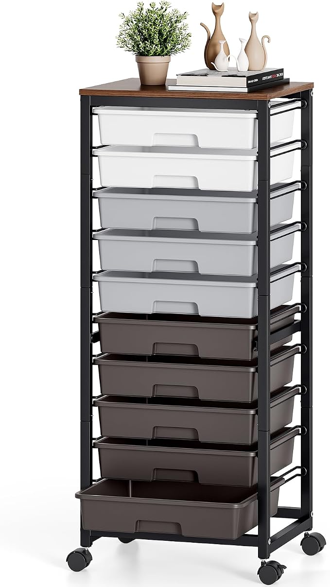 SYKIARIOL Rolling Cart with Drawers,10 Drawer Rolling Cart,Storage Cart,Utility Cart,Teacher Cart for Classroom Storage,Craft Cart with Wheels and Wooden Tabletop,Grey