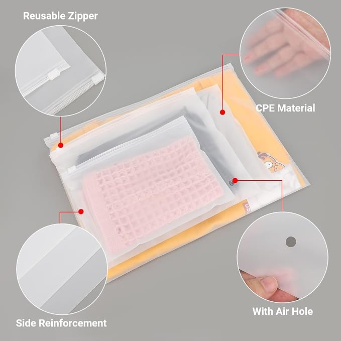 Frosted Zipper Bags for Clothes 25pcs, Plastic Shirt Bags for Packaging T-Shirt, Swimsuit, Bikini, Bathing Suit, 3 Mil, 9.8x7.8" with Vent Holes and Reinforced Sides