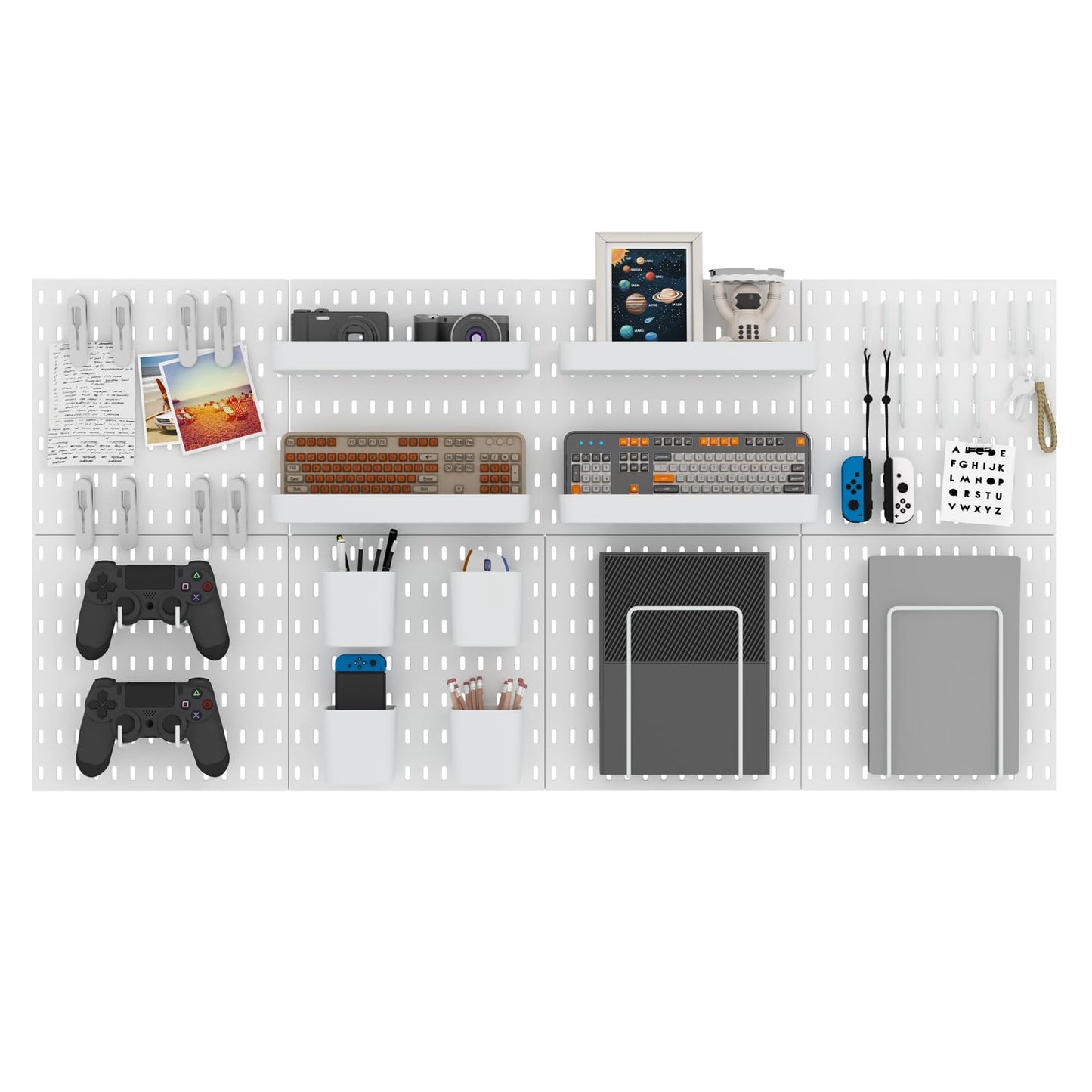 MULSAME Pegboard Combination Kit, Wall Mounted Storage Set with 8 Pegboards & 28 Accessories Hanging, Peg Boards Organizer for Walls Display, Crafts Organization, Kitchen Organizer, 22" x 44" White