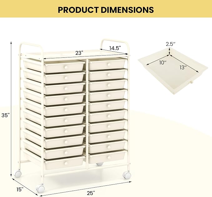 COSTWAY 20-Drawer Rolling Storage Cart, Utility Storage Organizer Cart for Tools, Scrapbook, Paper, Craft, Multipurpose Storage Trolley on Wheels for Home Office School, Ivory White
