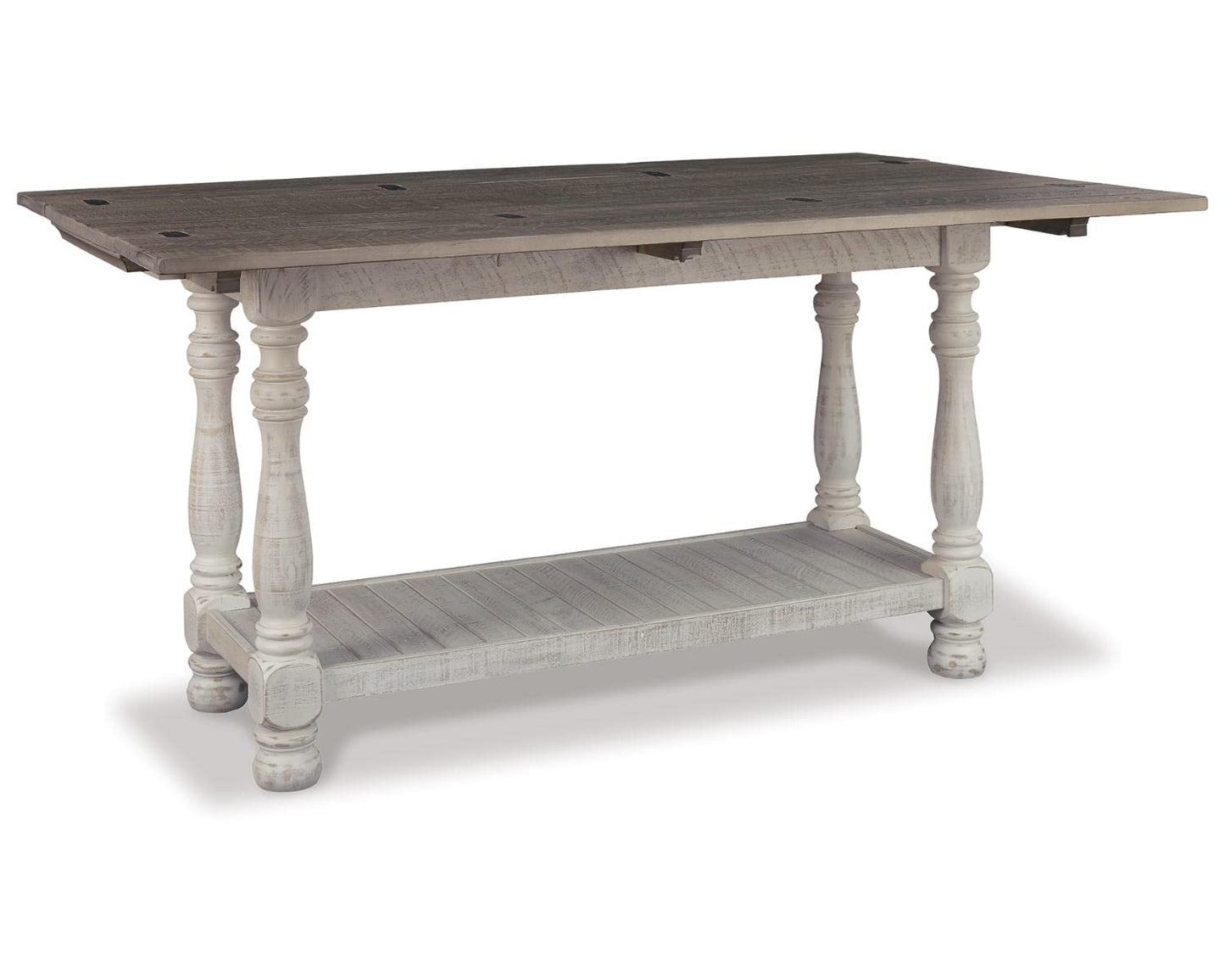 Signature Design by Ashley Havalance Farmhouse Sofa Table, Flip Top Design for Additional Dining Space and Fixed Lower Shelf, Gray & White with Weathered Finish