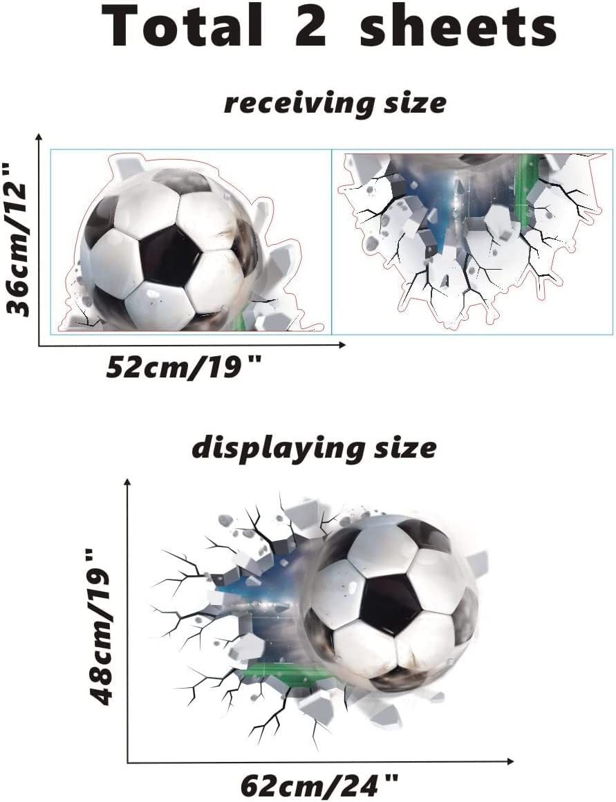TOARTi 3D Football Wall Stickers,Football Wall Decals for Boys Room,Soccer Football Wall Art Decal for Boys Bedroom Soccer Room Decoration