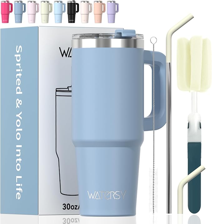 30 oz Tumbler with Handle,Tumbler with Lid and Straw,Double Wall Insulated Cup Stainless Steel Travel Mug(Cold for 34 Hours),Water Bottle for Iced Tea,Coffee,Cold Beverages(Smog Blue)