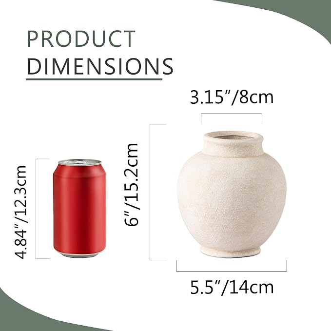 Ceramic Rustic Farmhouse Vase, Small Flower Vase Decorative Vase Short Pottery Vases for Home Decor Table Living Room Entryway Mantel Bookshelf Bedroom Bathroom Kitchen - 6" W