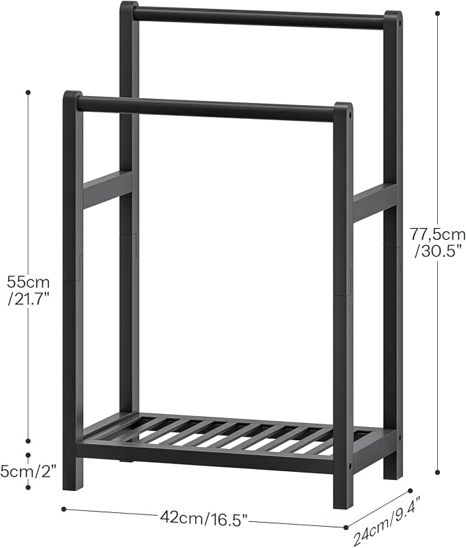 HOOBRO Freestanding Towel Rack for Bathroom, 2 Tier Decorative Bamboo Blanket Rack, Quilt Display Stand with Storage Shelf, 16.5" L x 9.4" W x 30.5" H, Bedroom, Living Room, Black BK02LB01
