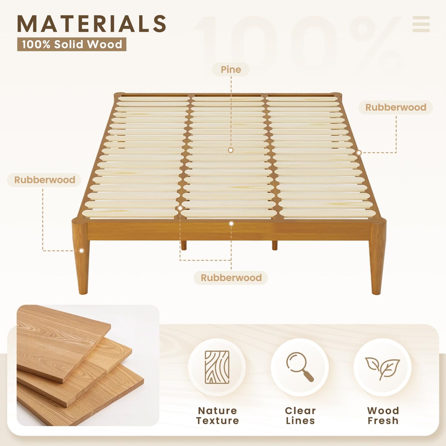 IOTXY King Platform Bed Frame - Solid Wood 16-Inch Height Mattress Foundation Base with Densely Slats and Heavy-Duty Support Legs, No Box Spring Needed, Teak