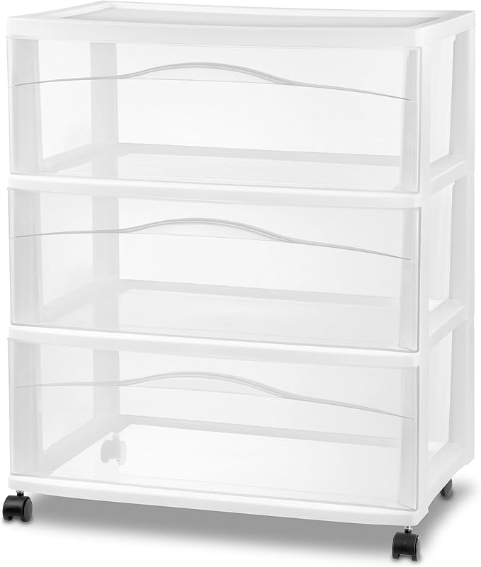 Sterilite 4 Pack Wide 3 Drawer Storage Cart, Plastic Organizer with Wheels, White - Multipurpose Bin for Clothes, Accessories, or Home Accessories