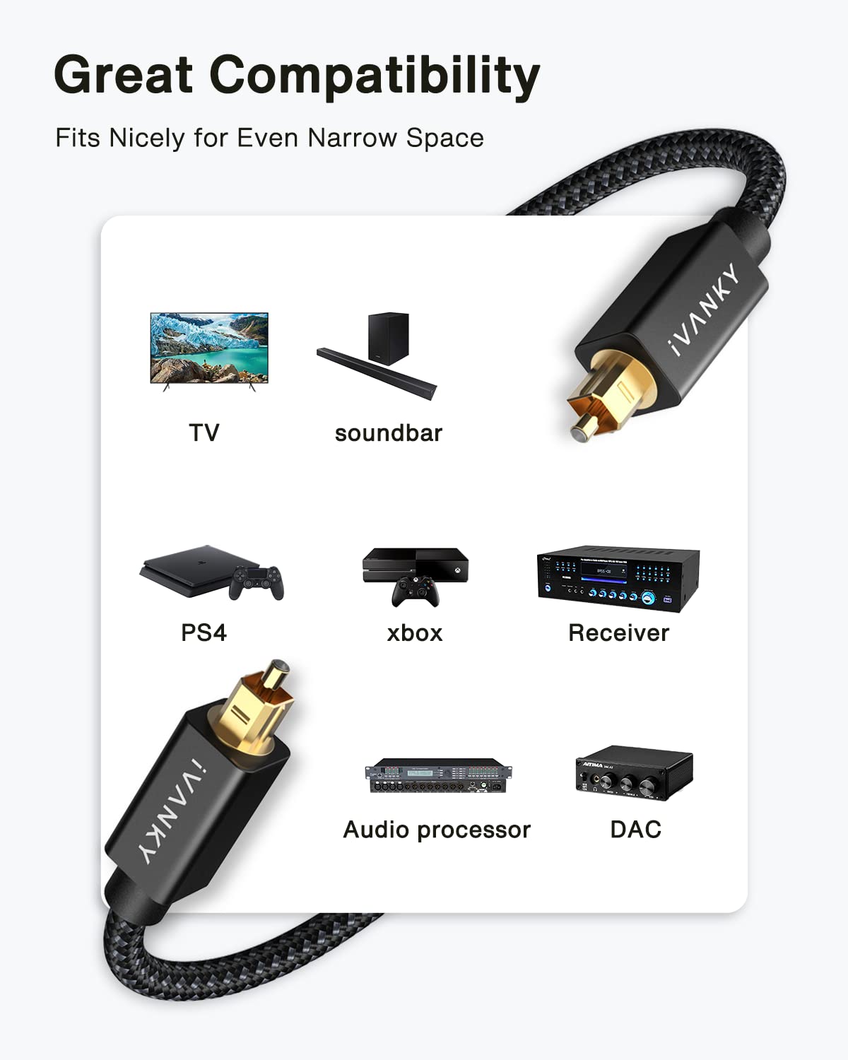 3.3ft/1M, 24K CL3 PS4, IVANKY Optical Audio Cable Nylon Braided, Gold-Plated, Slim Metal Case, Rated, S/PDIF Digital