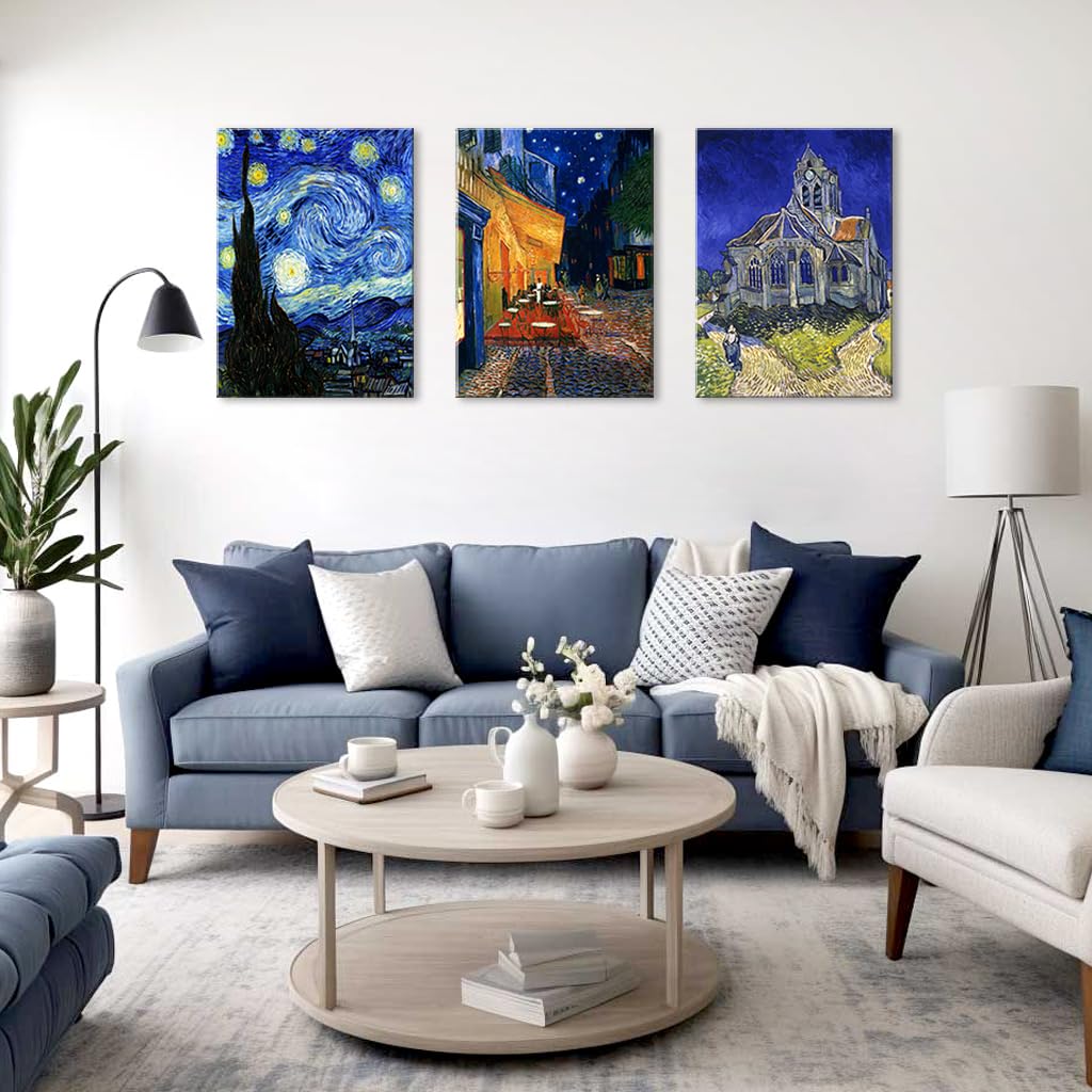 Vincent Van Gogh Canvas Wall Art Paintings, Famous Starry Night Picture Prints for Decor Classic Cafe Terrace At Night Artwork Reproduction Poster for Bedroom Living Room Office 12"x16"x3 Piece