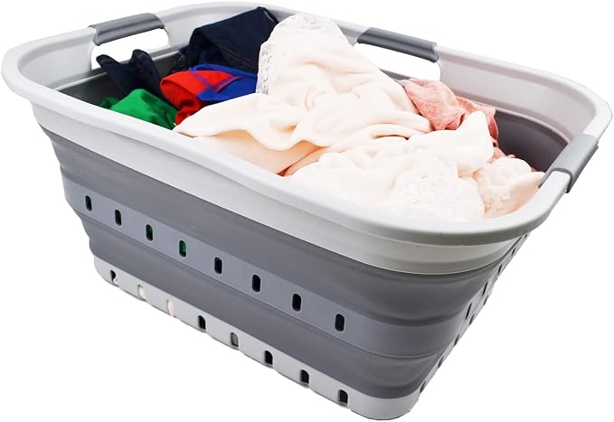 SAMMART 42L (11 gallon) Collapsible Plastic Laundry Basket - Foldable Pop Up Storage Container/Organizer - Portable Washing Tub - Space Saving Hamper/Basket (Grey/Dark Grey)