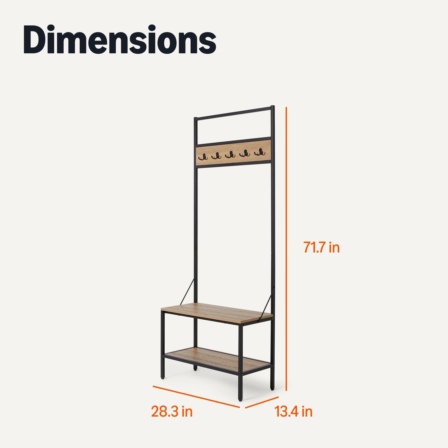 Amazon Basics Entry Bench with Hooks, Hall Tree with Shoe Storage, Steel Frame, Oak Finish