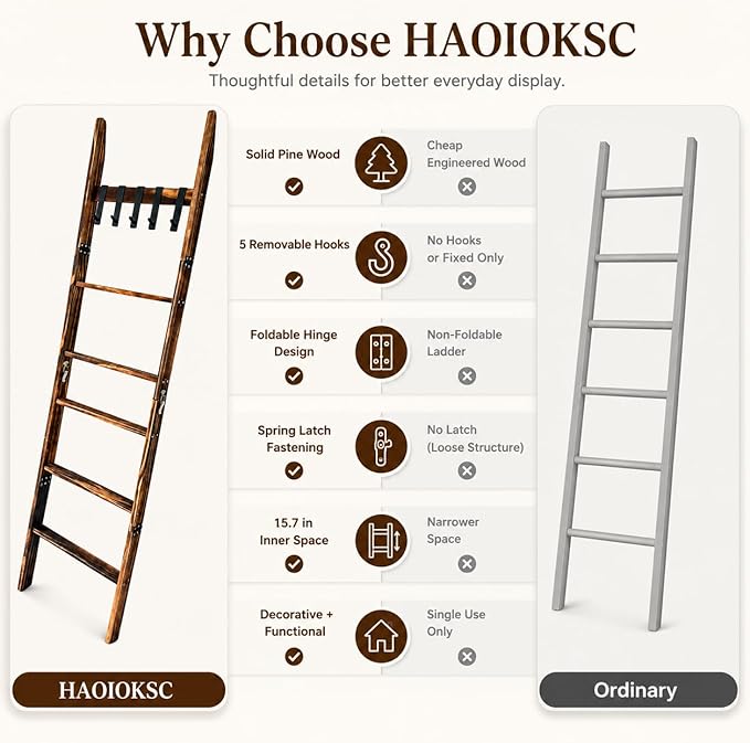Blanket Ladder with 5 Removable Hooks, 67 Inch 6-Tier Wooden Blanket Rack, Rustic Brown Towel Ladder, Decorative Quilt Rack for Living Room Bedroom Bathroom Farmhouse Decor