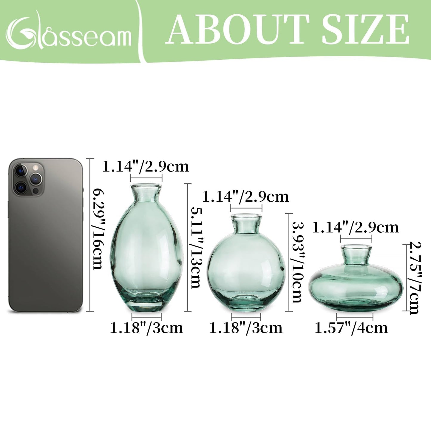 Bud Vases 3Pcs/Set Small Vases Handmade Cute Green Small Vases for Flowers Centerpieces Glass Vases Mini Vase Home Decor Centerpieces, Events Table Decor