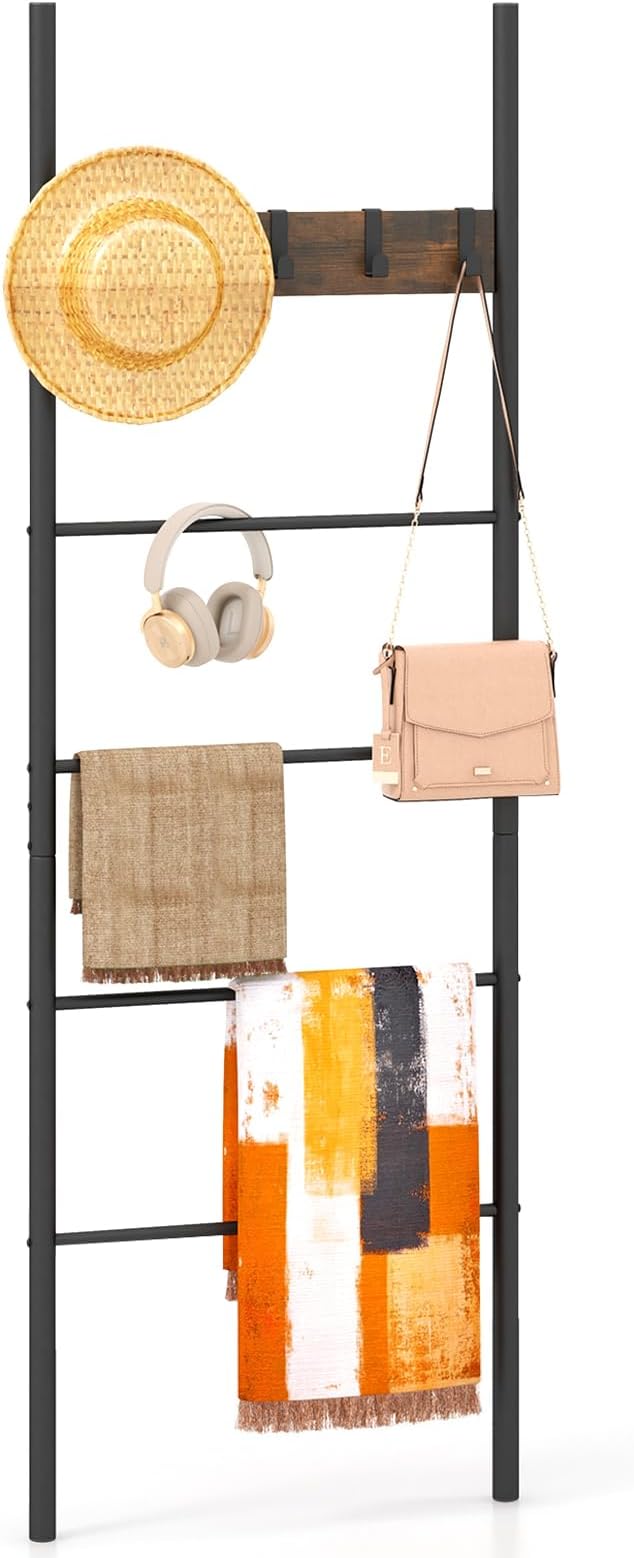 Tangkula Blanket Ladder, 5-Tier Ladder Shelf with 5 Removable Hooks, Wall-Leaning Decorative Blanket Holder with Metal Frame, Industrial Towel Display Rack for Living Room, Bathroom