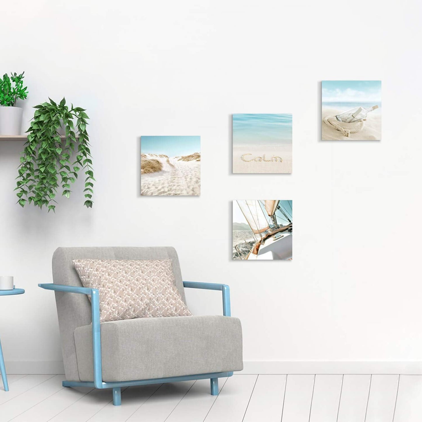SD SOFT DANCE Beach Picture Coastal Artwork Painting: Bottle & Sailboat Blue Ocean Seascape Wall Art Canvas for Living Room (12” x 12” x 4 Panels) Visit the Store