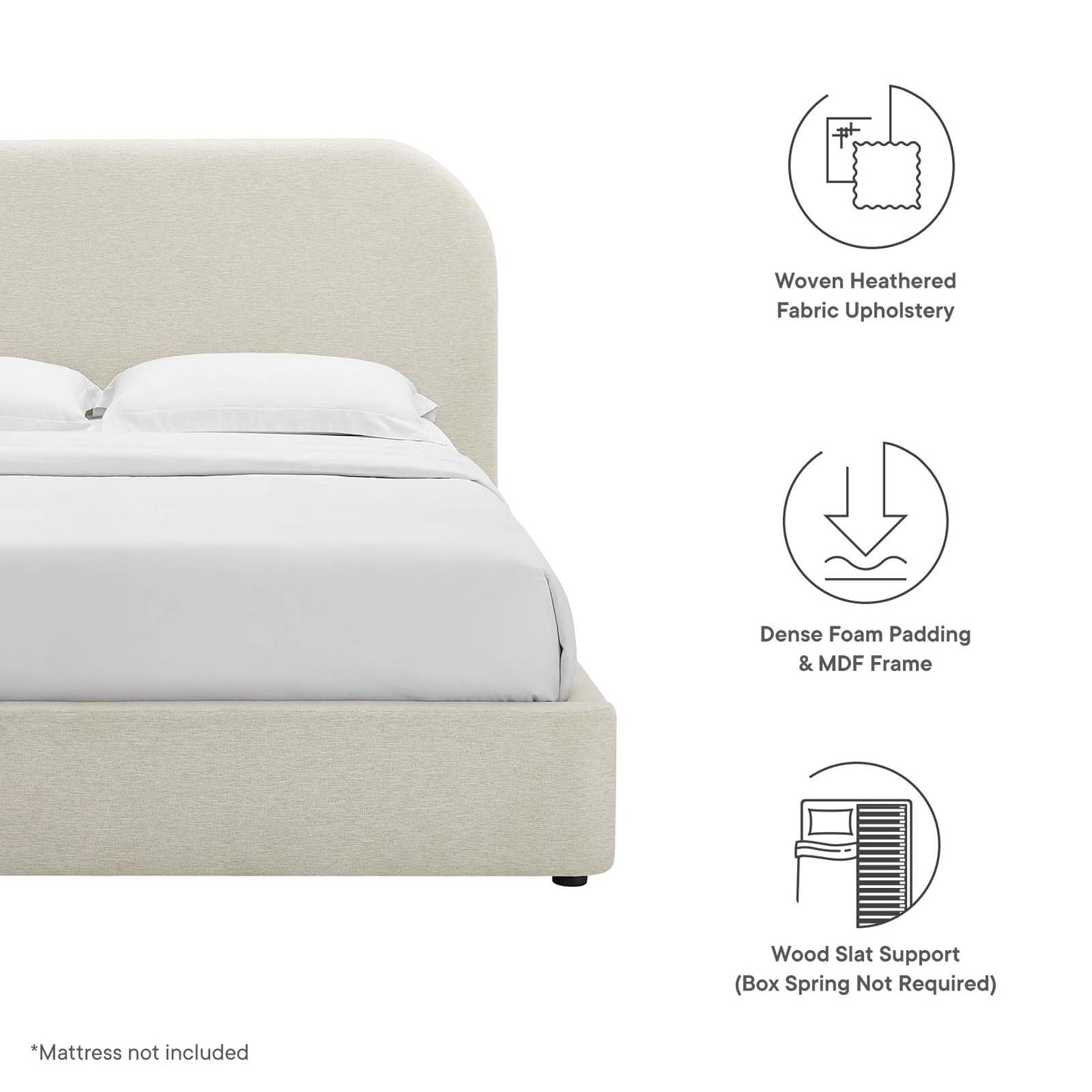 Modway Keynote Modern Queen Bed Frame with Curve Shaped Headboard in Heathered Weave Ivory, Woven Heathered Fabric Upholstery, Queen Size Platform Bed, Soft Cloud Bed Frame, No Box Spring Needed