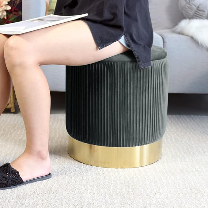 Round Ottoman with Storage Set of 2 Upholstered Velvet Vanity Stool Small Ottoman Coffee Table, Foot Stool, Removable Lid, for Living Room, Bedroom, Hallway, Easy Assembly (Gray)
