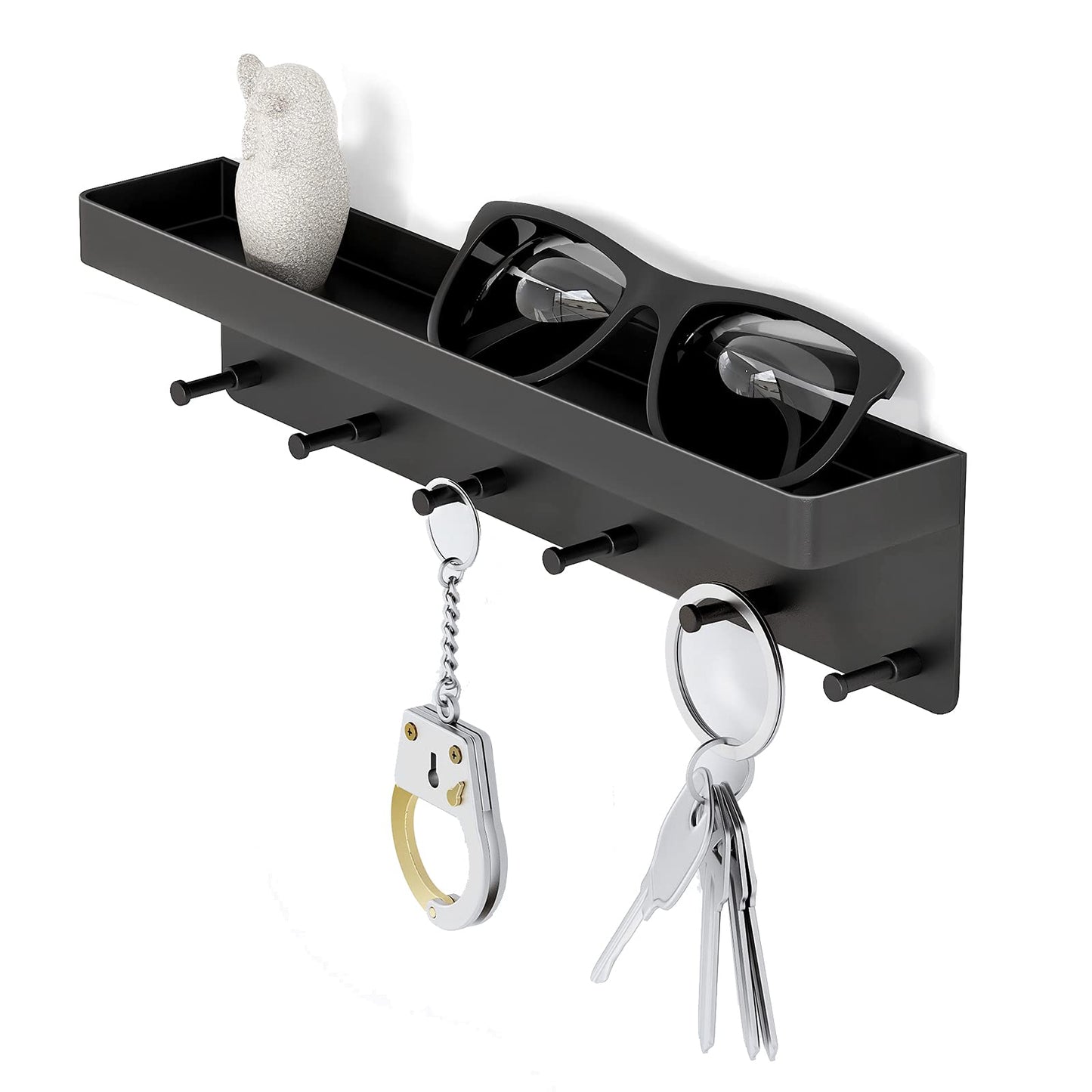MKO Key Holder Wall Mount, Key Holder Wall Mount Adhesive with Mail Organizer Tray with 6 Key Hooks for Wall, Black