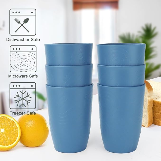PYRMONT Wheat Straw Cups 16 Oz Alternative Plastic Cups Set of 6 Unbreakable Water Cups for Kitchen Dishwasher & Microwave Safe Drinking Cups for Camping,Office,RV Stackable Cups-Darkblue