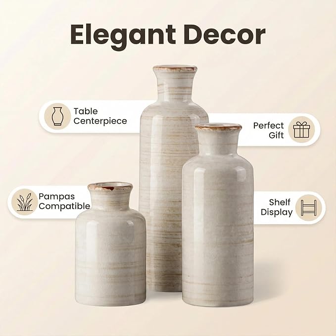 CwlwGO- Ceramic Rustic Vase 3 Piece Set,Small vase for Country Home Decoration,Modern Farmhouse Decor, Living Room Table Decoration, Bookcase, Fireplace and Entrance Decorations.(White)