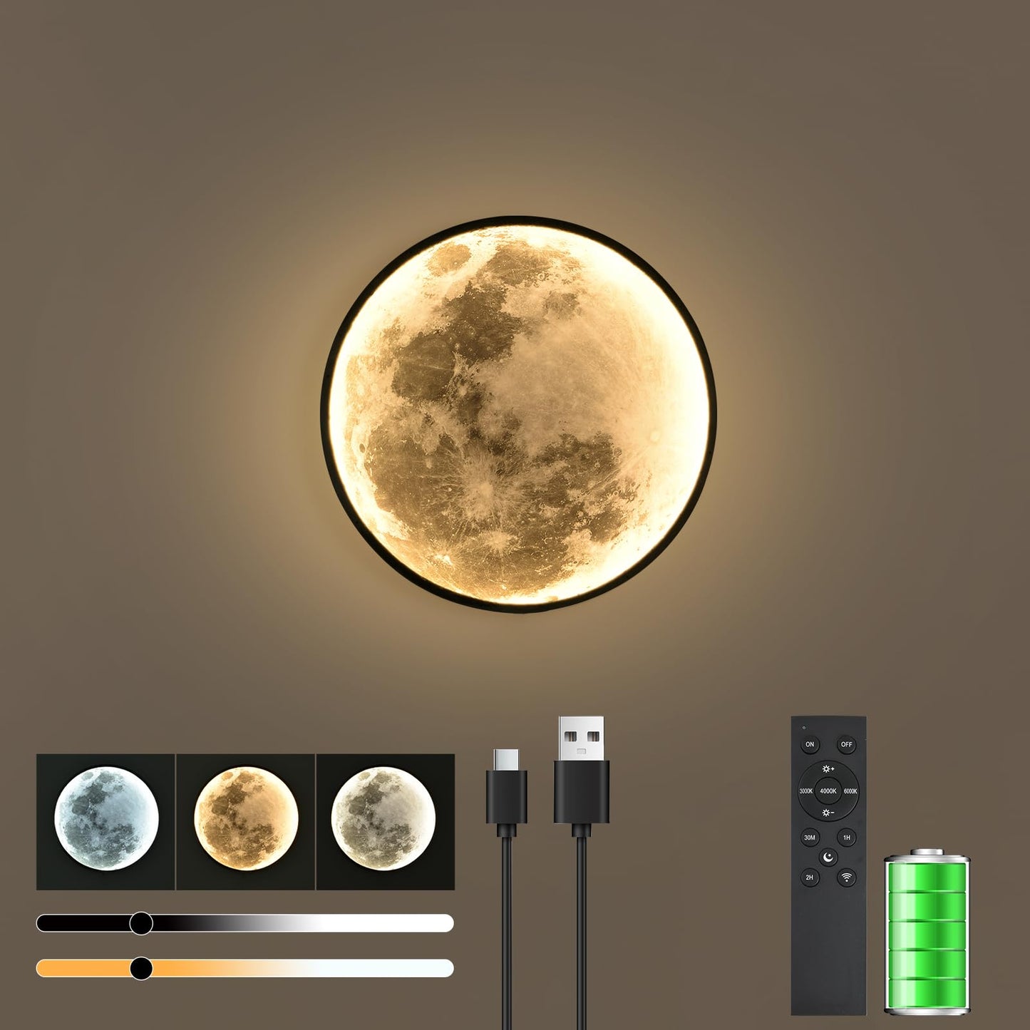 Skylumate Battery Operated Moon Wall Sconces 3 Color Dimmable Rechargeable Moon Wall Light with Remote Control 9.5inch Black Moon Wall Lamp Indoor Wall Mounted Lighting for Living Room Bedroom