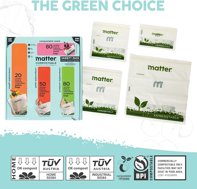 Matter Compostable Assorted Kitchen Bags, 230 Count, Biodegradable, Eco-Friendly Resealable Food Storage Variety Pack, 80 Snack, 80 Sandwich, 50 Quart & 20 Gallon