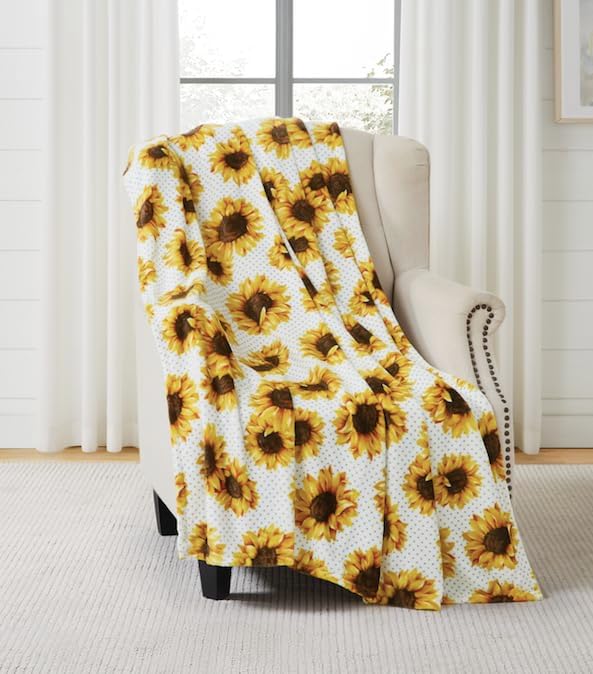Serafina Home Summer Sunflower Throw Blanket: Beautiful Fleece Flowers with Yellow Brown White Accents, 50" x 60", for Couch, Bed, Travel