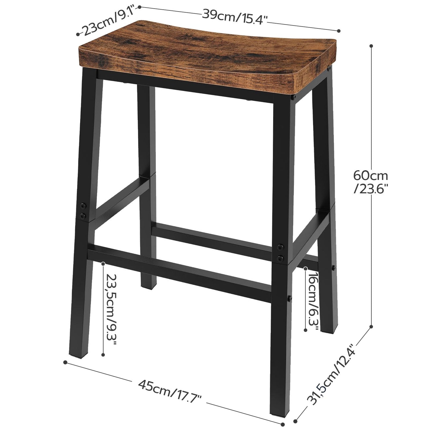 HOOBRO Bar Stools, Set of 2 Bar Chairs, 23.6 Inch Saddle Stools, Kitchen Counter Seat with Footrests, Industrial Barstools for Dining Room, Kitchen, Counter, Rustic Brown and Black BF02MD01