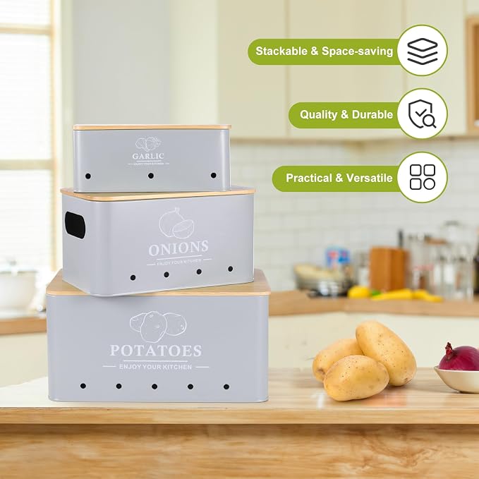 Kitchen Vegetable Storage Set of 3, Metal Onion Garlic Potato Storage Set, Kitchen Canisters Vegetable Keeper Containers with Aerating Holes and Bamboo Lid,Grey