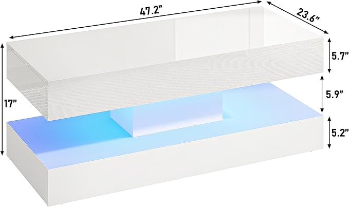 Uspeedy 47.3in Large High Glossy LED Coffee Table with 2 Storage Drawers,Black/White Modern Coffee Tables for Living Room,Living Room Tables,APP LED Lights (White)