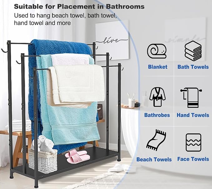 Extra Large Free Standing Towel Rack with Metal Storage Shelf & 6 Hooks for Bathroom, 3 Tiers Heavy Duty Blanket Drying Stand Holder for Outdoor Pool, Bedroom, Living Room, Black