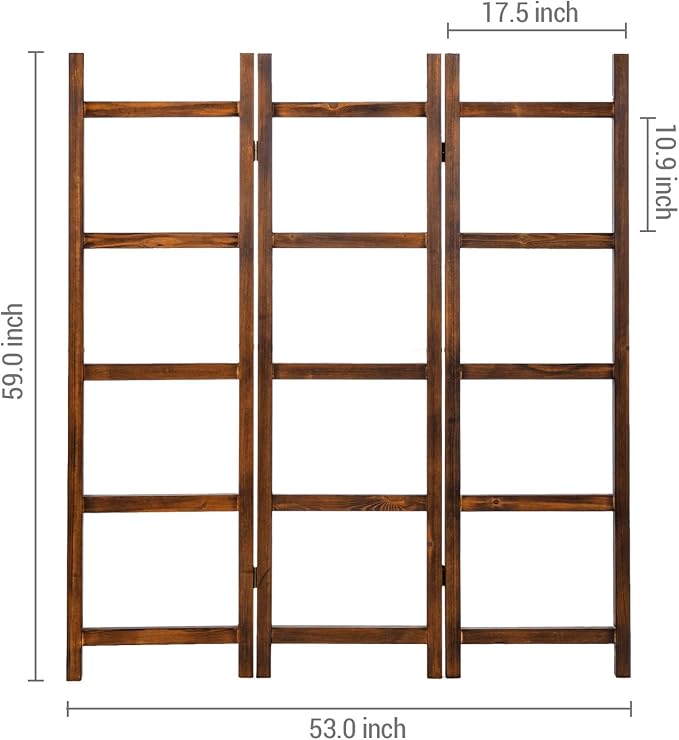 Blanket Ladder,Burnt Wood Blanket Ladder 59" H Freestanding and Folding, 6 Tier and 3 Panel Towel Rack for Bathroom, Decorative Display Ladder Shelf Quit Rack for Living Room, Brown.