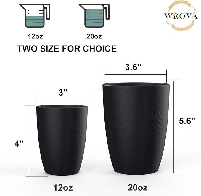 Wrova Wheat Straw Cups 6 PCS Good Alternative to Plastic Reusable Cups 12 oz Unbreakable Drinking Cup Reusable Dishwasher Safe Water Plastic Glasses Black