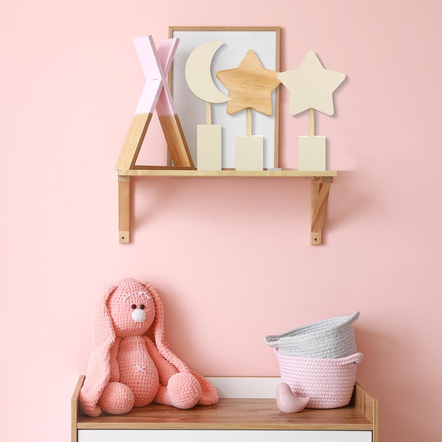 Barydat 3 Pcs Boho Nursery Shelf Decor Wooden Moon and Star Nursery Decor Set Cute Bohemian Children Kids Decoration for Boys Girls Farmhouse Bedroom Kindergarten Classroom Playroom Bookshelf