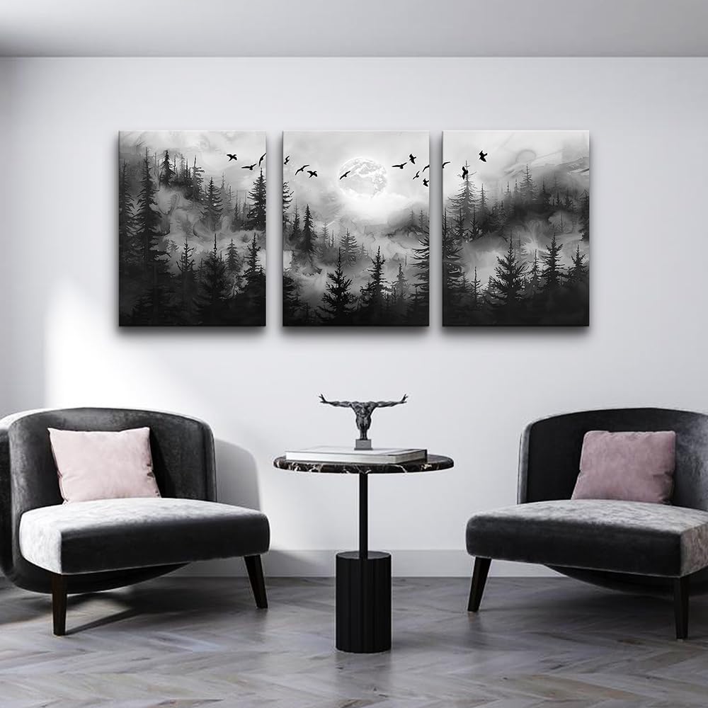 DZRWUBHS Wall Art For Living Room Canvas Wall Decor For Bedroom Black And White Wall Painting Modern Office Decorations Misty Forest Landscape Abstract Wall Pictures Farmhouse Wall Hanging Decor