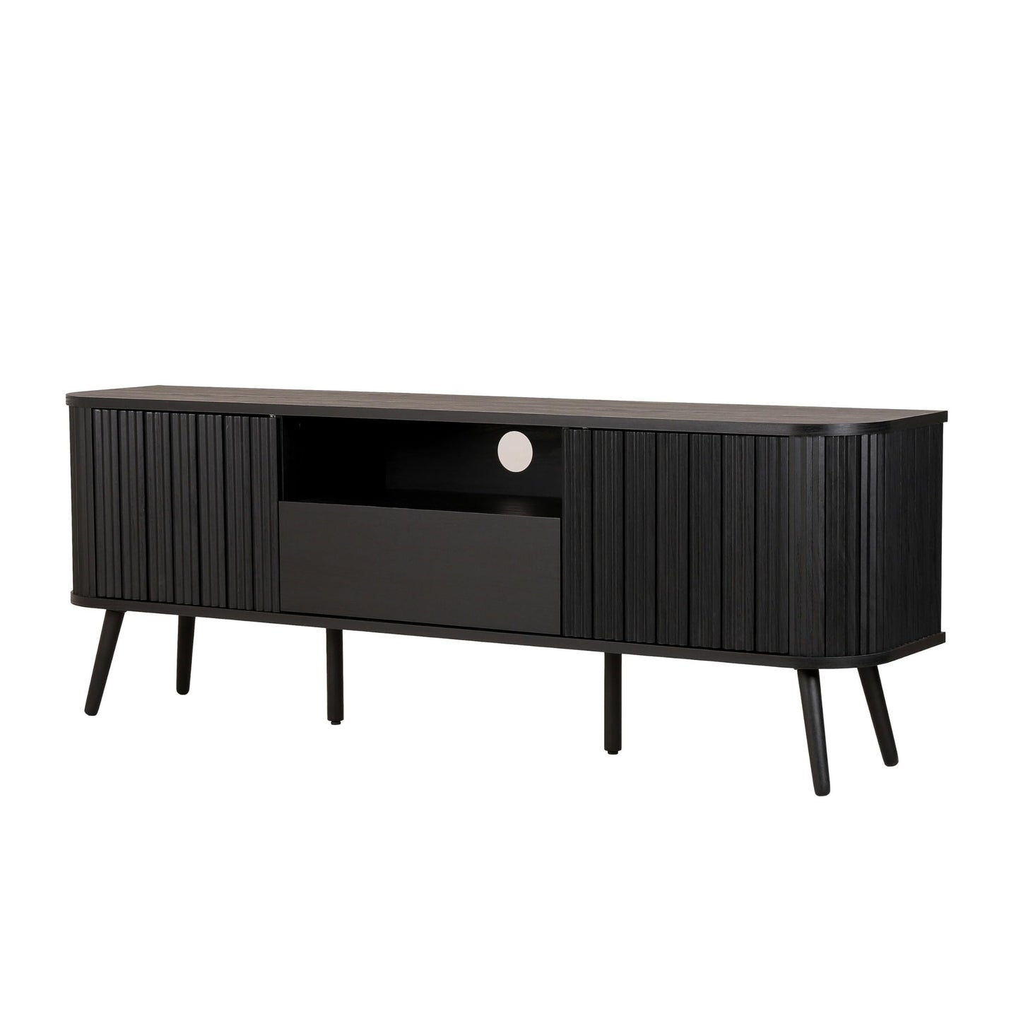 JONATHAN Y Damien 70" Mid-Century Fluted Wood TV Stand for TVs up to 75 Inch, Entertainment Center with Soft-Close Doors and Drawer, Media Console for Living Room, Black TVS1001C